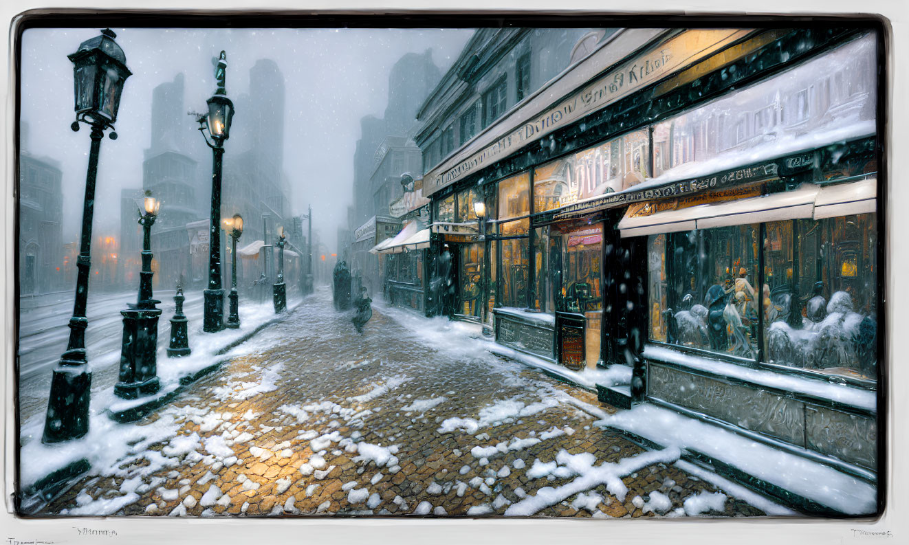 Snowy street scene with vintage lampposts and storefronts in gentle blizzard