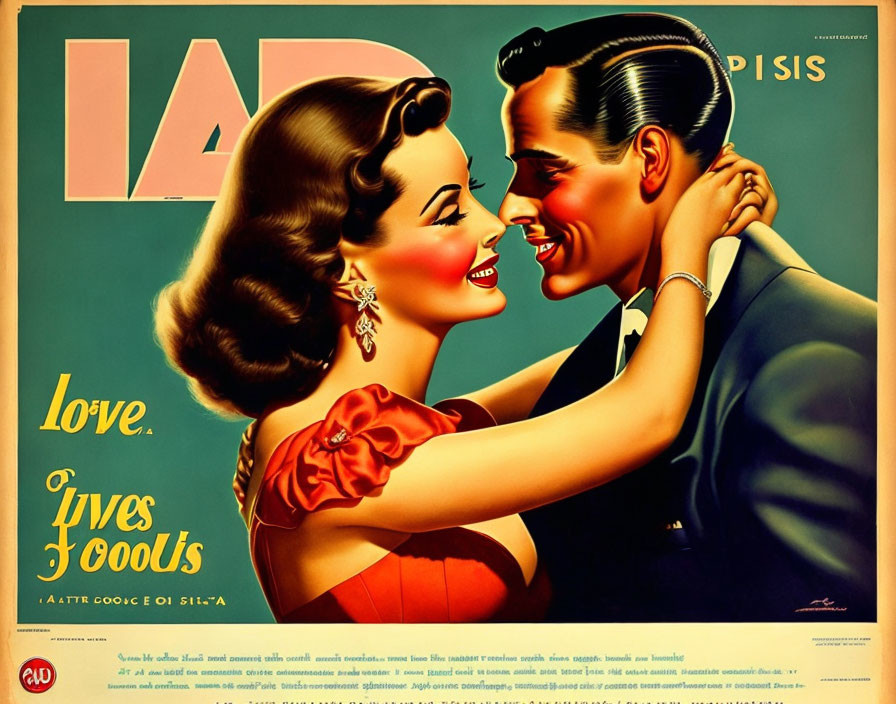 Mid-20th century vintage movie poster with smiling couple embracing and love-themed taglines