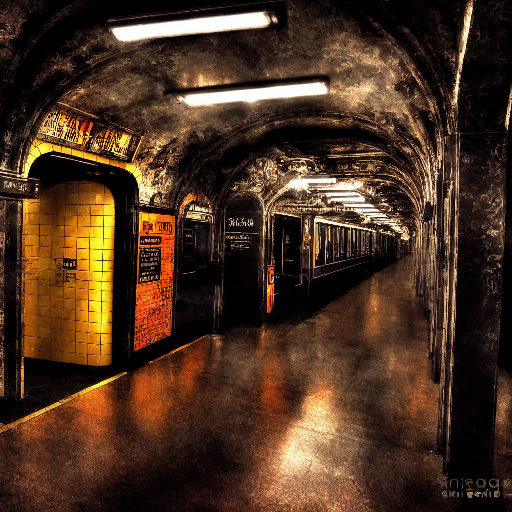 Dimly Lit Subway Station with Ornate Wall Carvings and Yellow Tiles