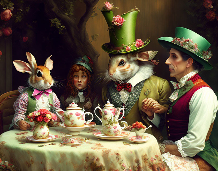 Whimsical tea party scene with man, child, and humanoid rabbit in fancy attire