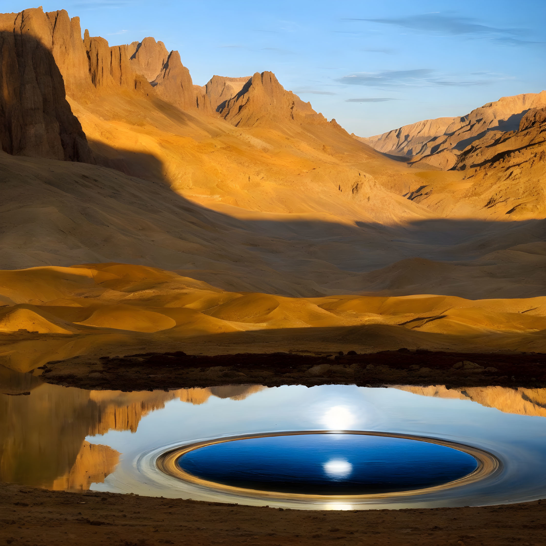 Mountain landscape at sunset with reflective pond & golden cliffs