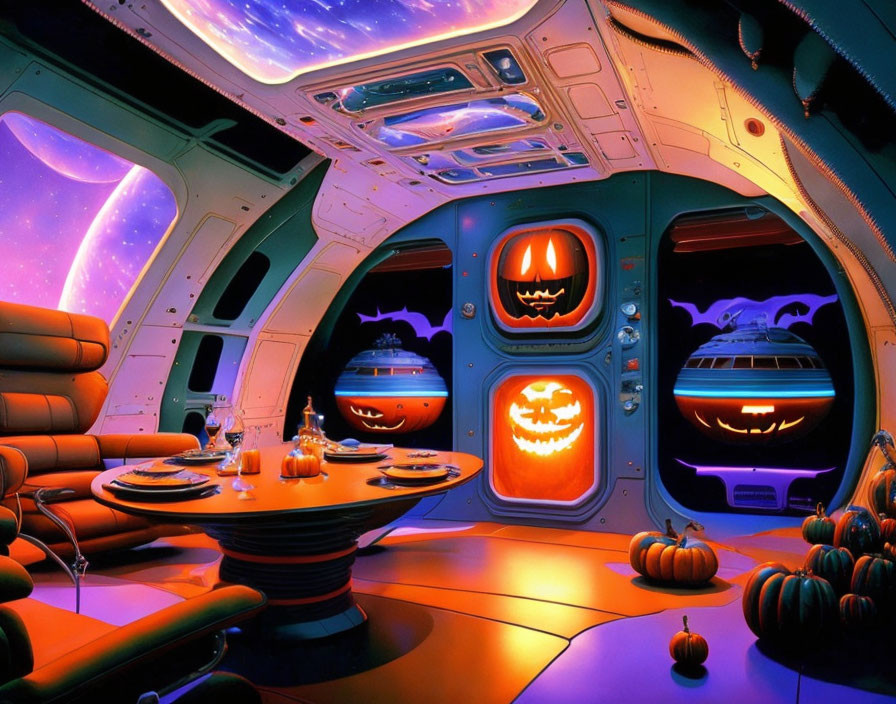 Spaceship lounge decorated for Halloween 