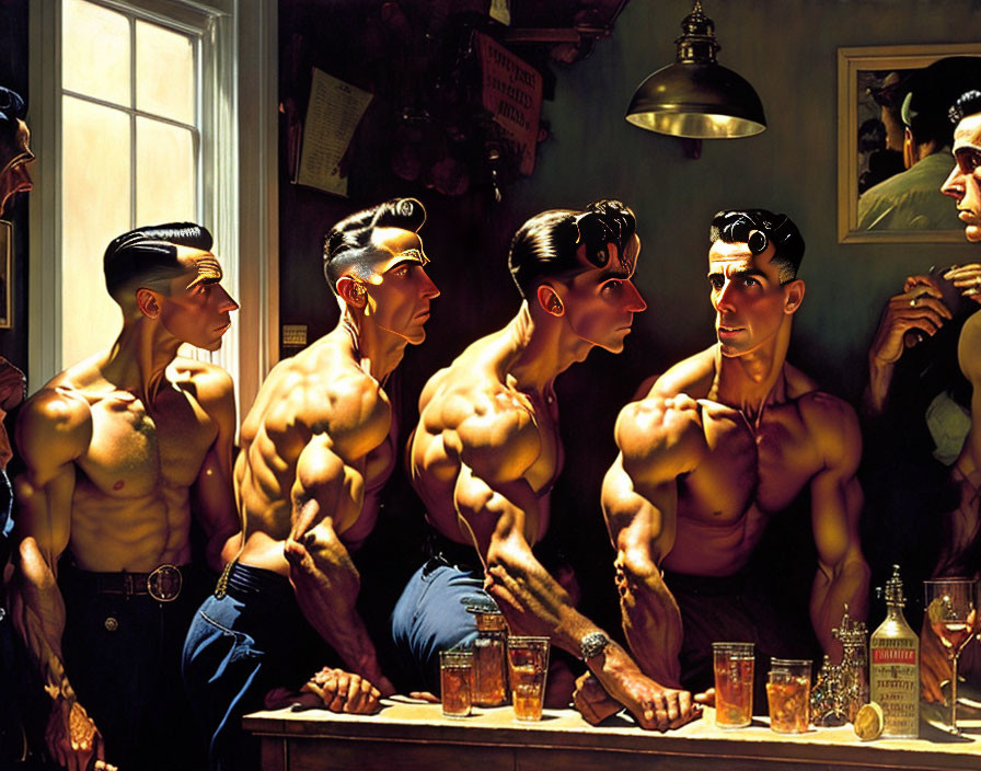 Four Muscular Men in Bar Scene with Exaggerated Features and Slicked-Back Hair