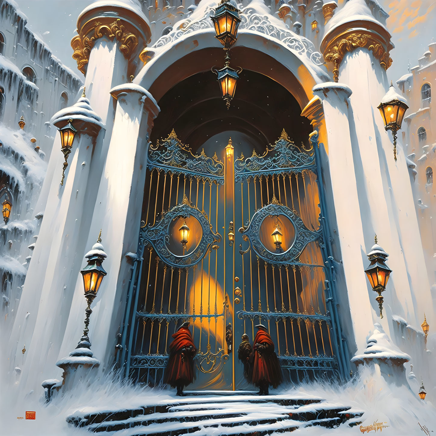 Snow-covered castle with ornate blue gates and red-robed guards