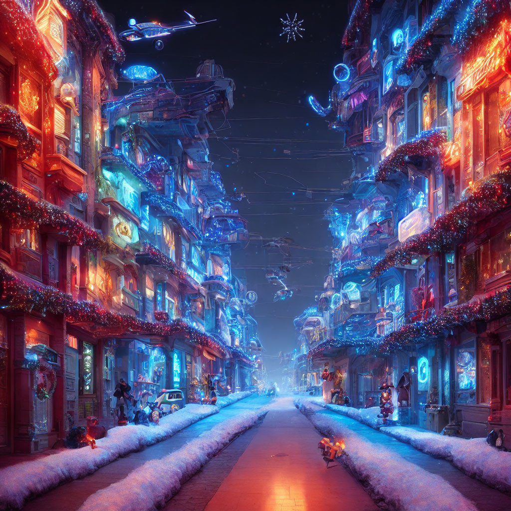Snow-covered cyberpunk street with illuminated buildings and holiday decorations