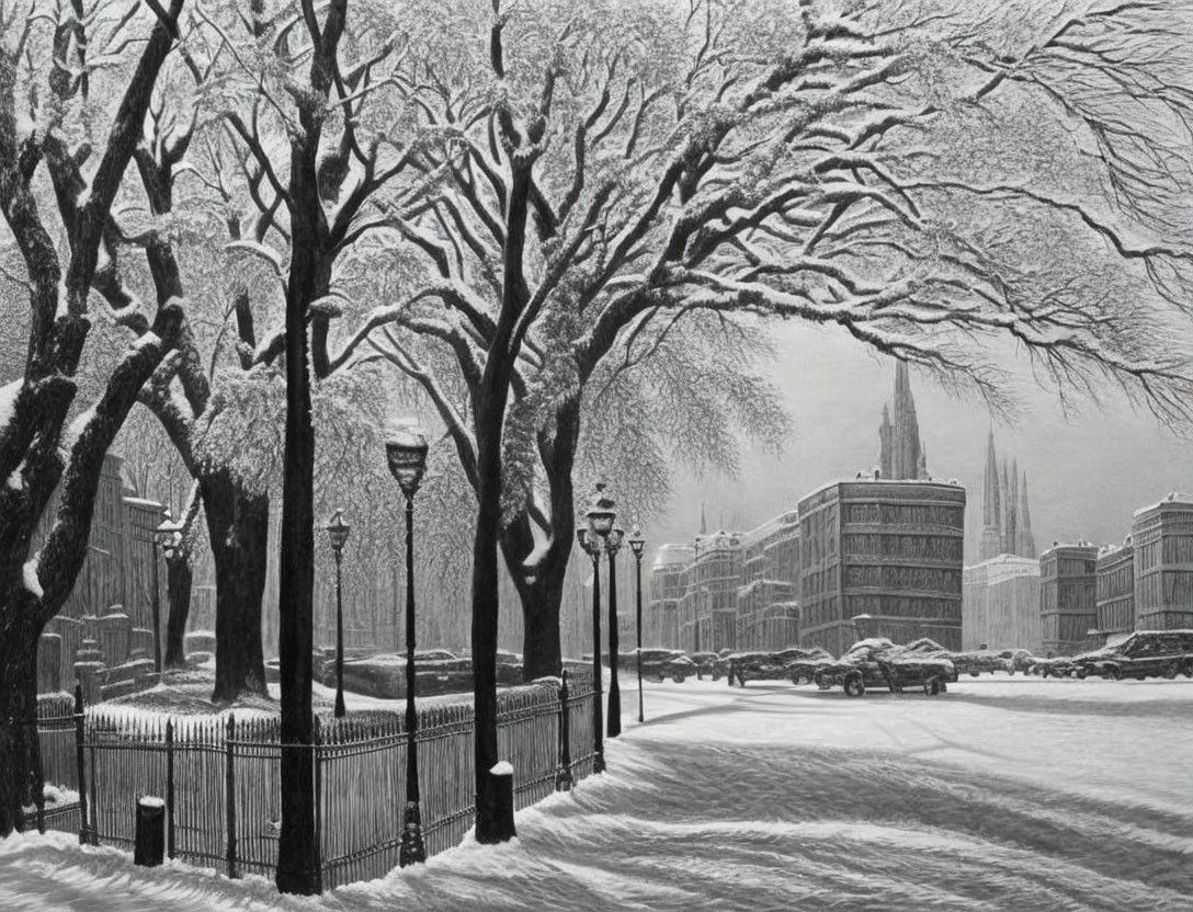 Snow-covered park with leafless trees, street lamps, and classic architecture in monochrome.
