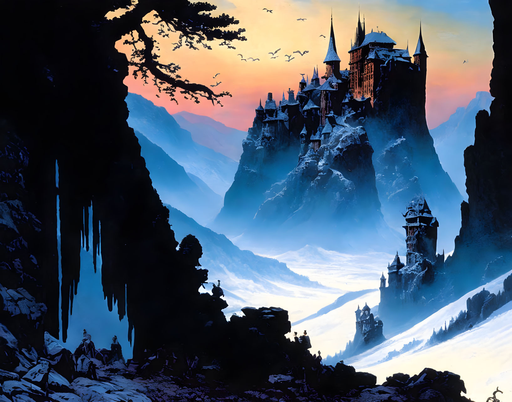 Fantasy landscape: castles, snowy valley, riders, colorful dusk sky