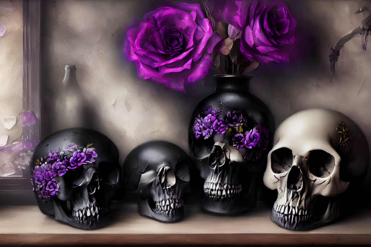 Decorated Skulls, Purple Roses, and Dusty Bottle Still Life on Wooden Surface
