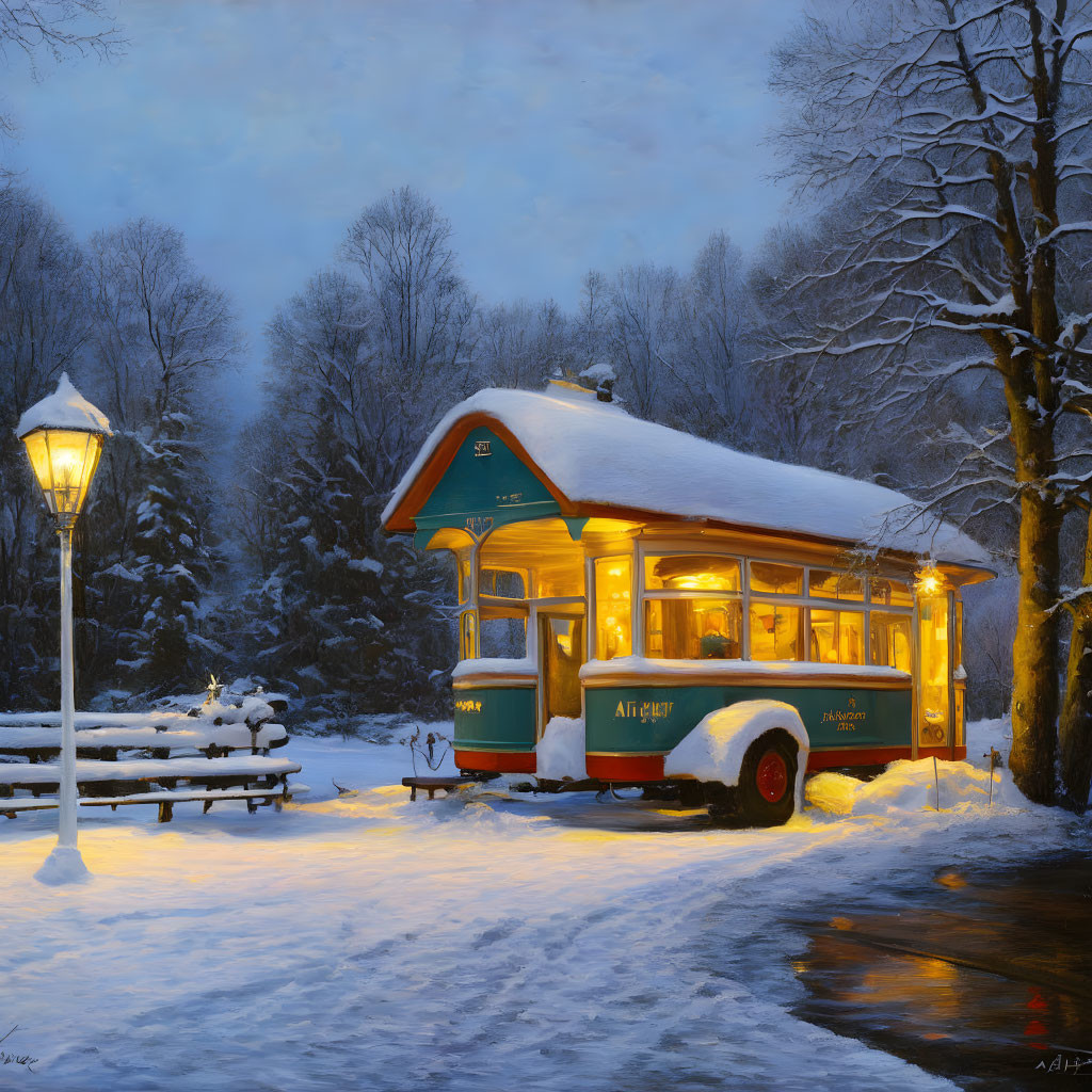 Vintage tram with festive lights in tranquil, snow-covered landscape