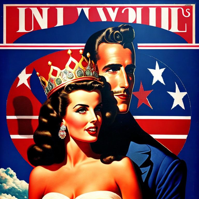 Vintage-style Poster with Glamorous Couple, Crowned Woman, and Patriotic Colors