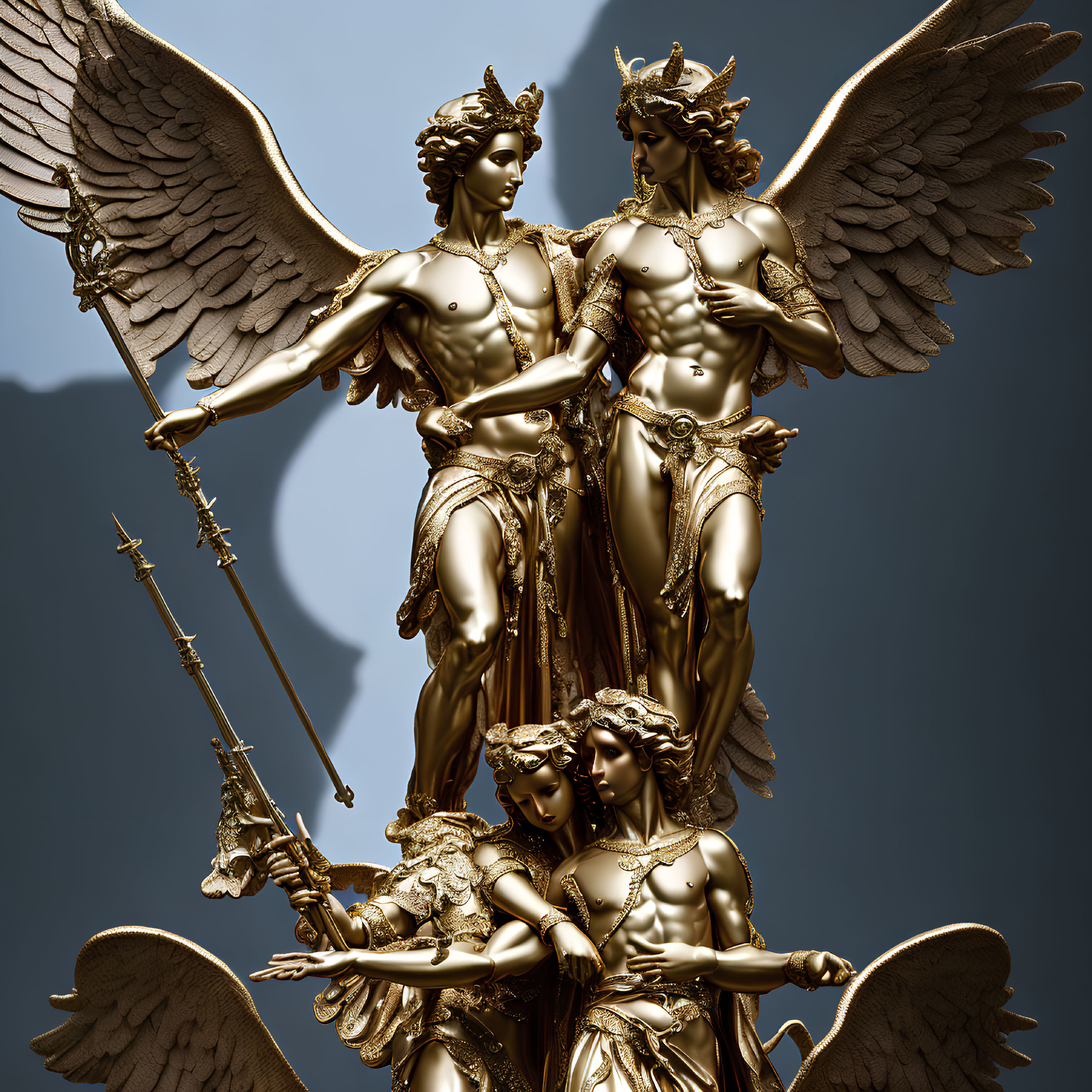 Intricate golden sculpture of three winged angels on blue background