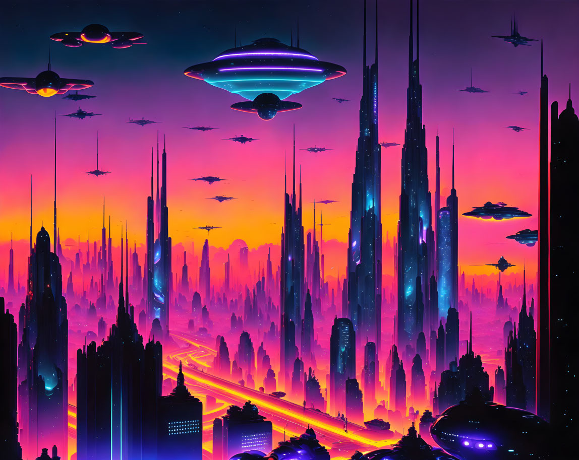 Futuristic cityscape with neon-lit skyscrapers and flying saucers at dusk