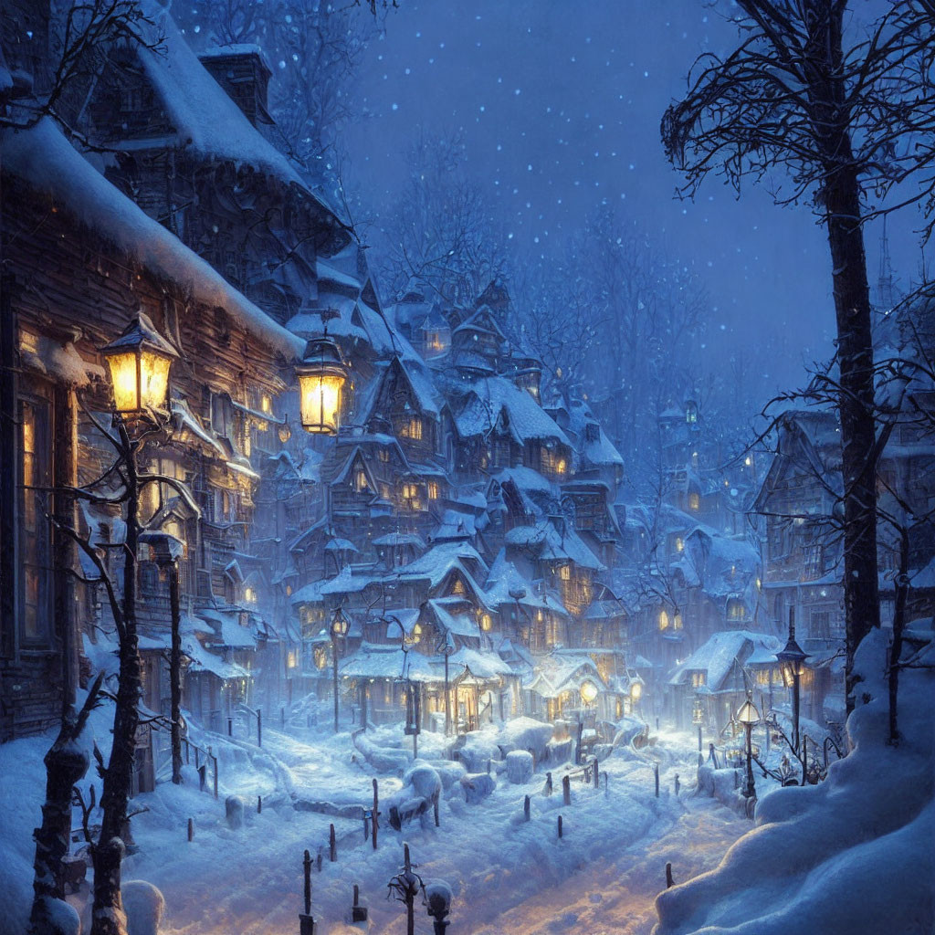 Snowy night village scene with warmly lit windows and street lamps