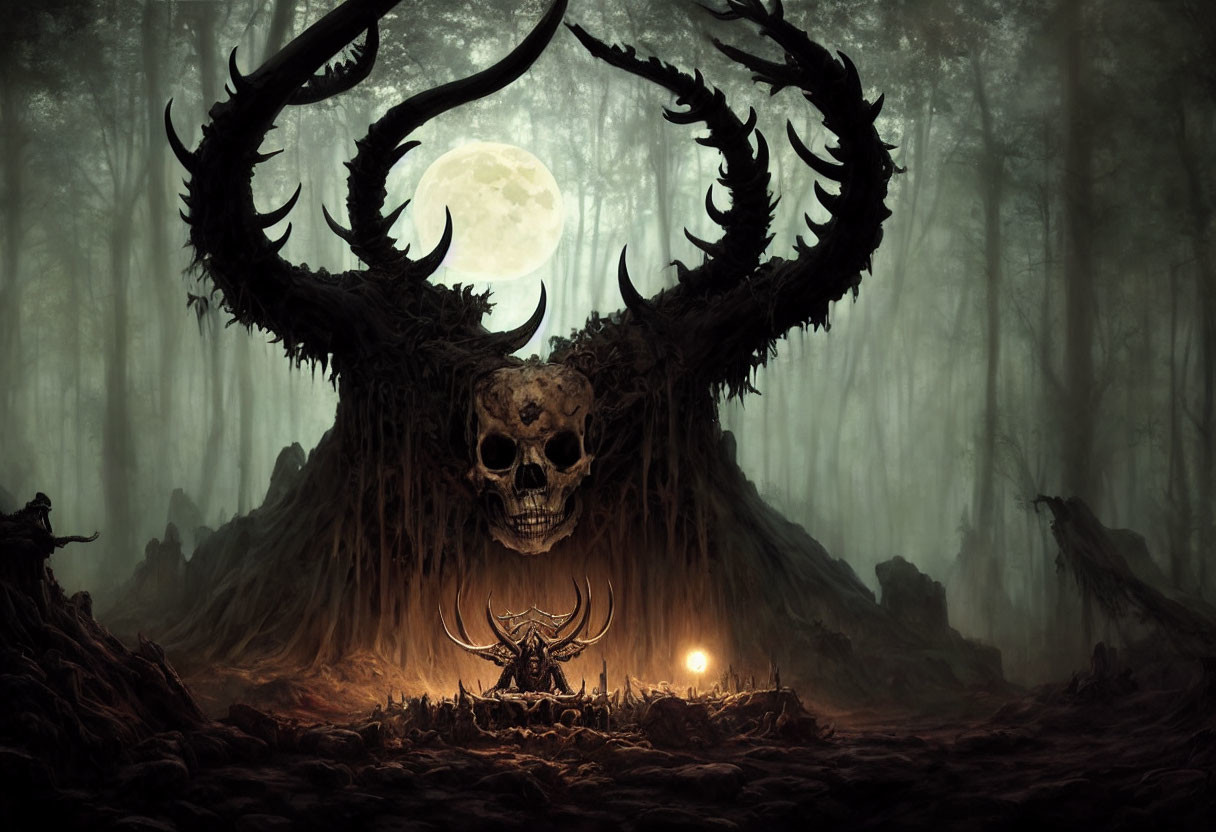 Skull with Antlers in Dark Forest with Cult Figures and Fires