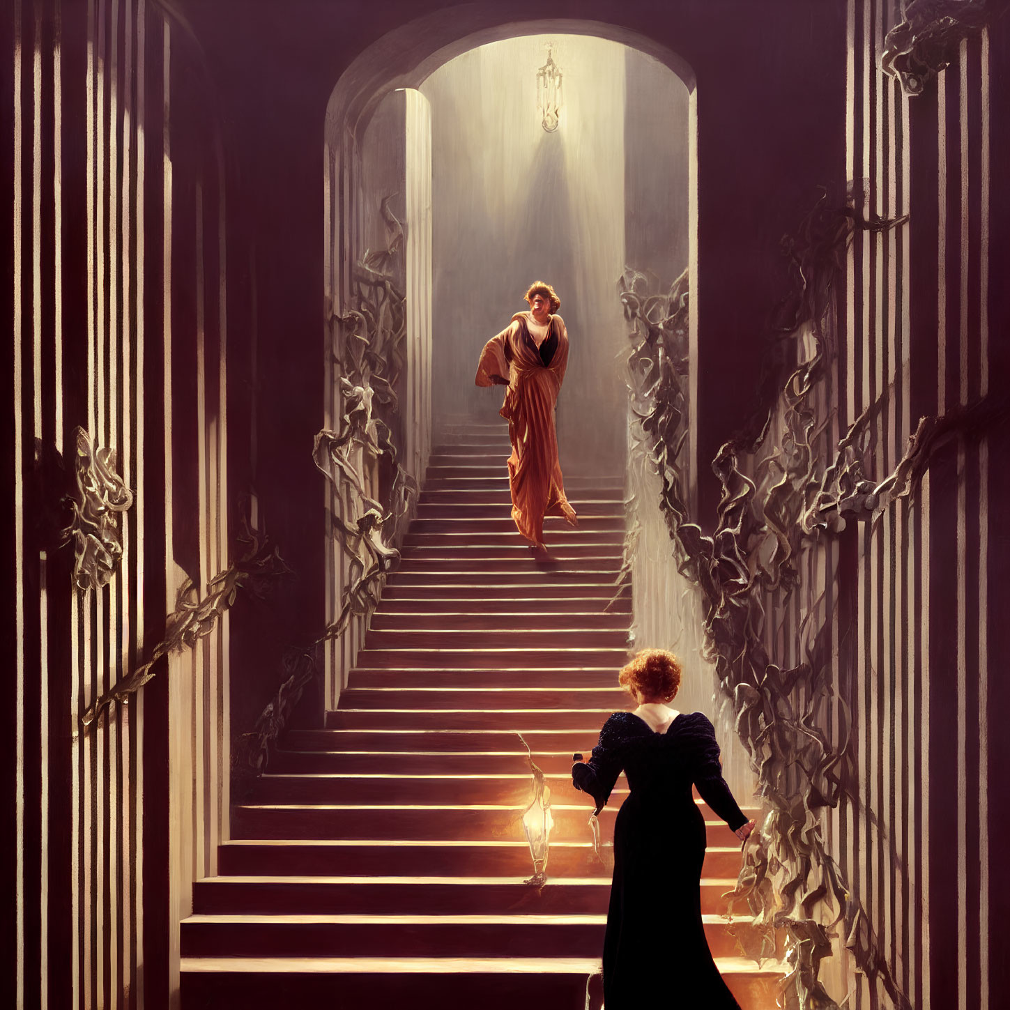 Two women in contrasting gowns on grand staircase with dramatic lighting