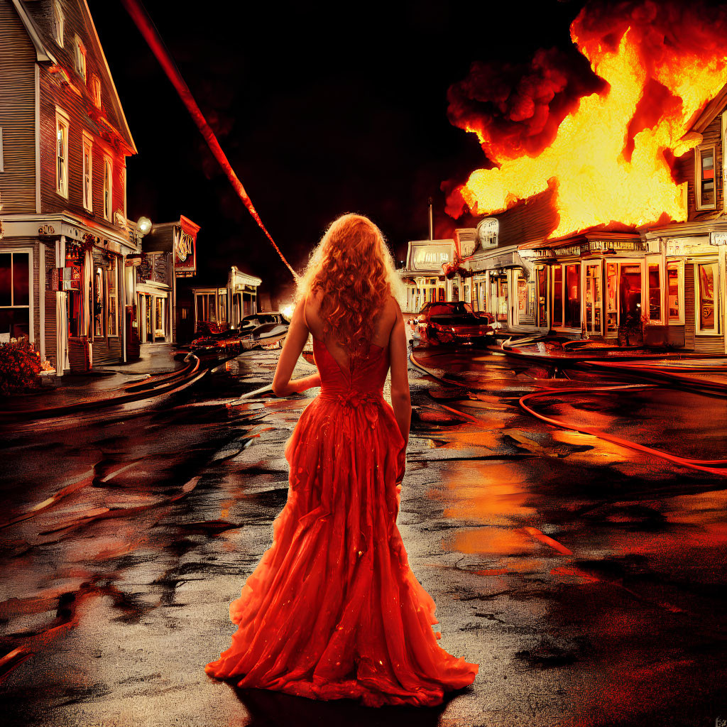 Woman in Red Dress Stands Before Fiery Street Blaze
