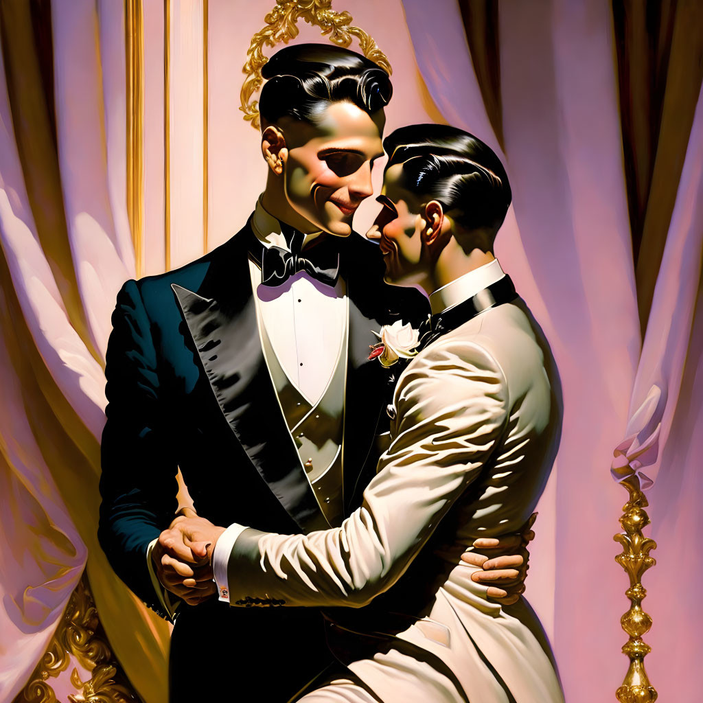 Men in black and white suits dancing in elegant embrace on ornate backdrop