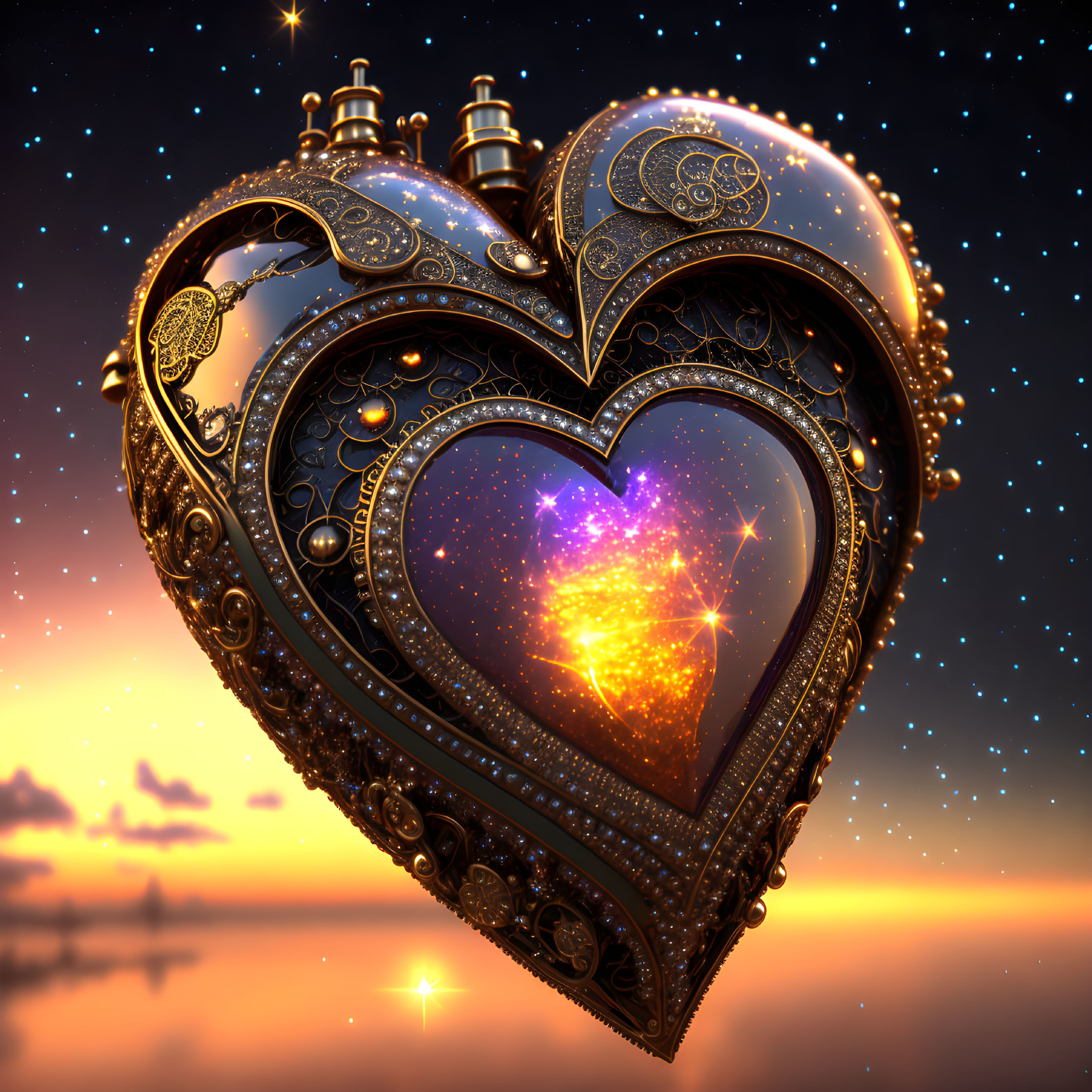 Heart-shaped locket with cosmic star-filled center on twilight sky background