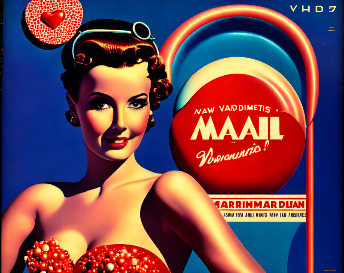 Vintage-style poster with woman, retro hairdo, large lollipop, classic pin-up vibe