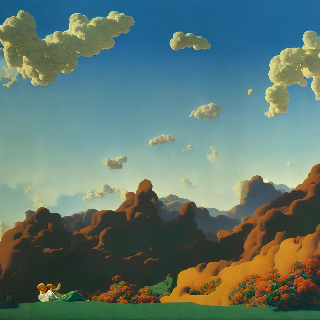 Surreal Landscape with White Clouds, Orange Mountains, Green Grass & Reclining Figure