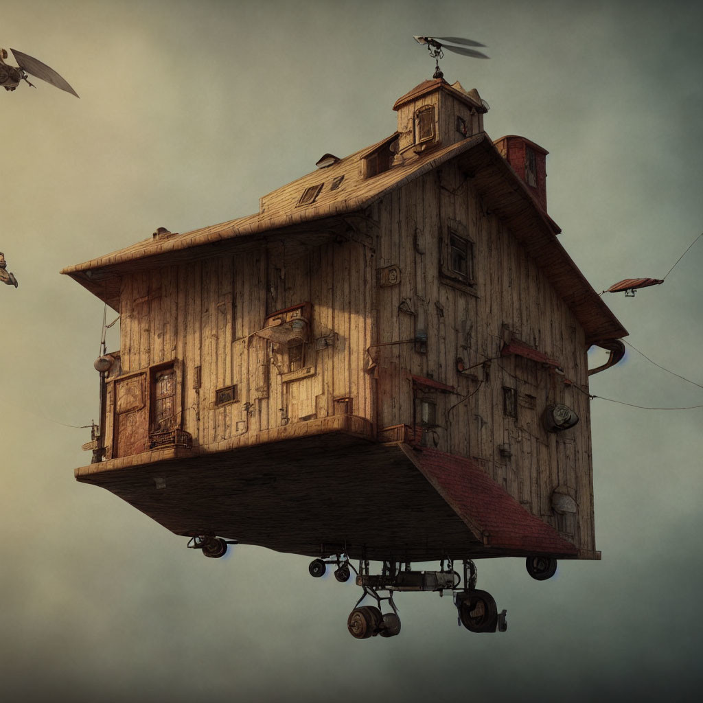 Whimsical floating wooden house with antennas and propellers against cloudy sky