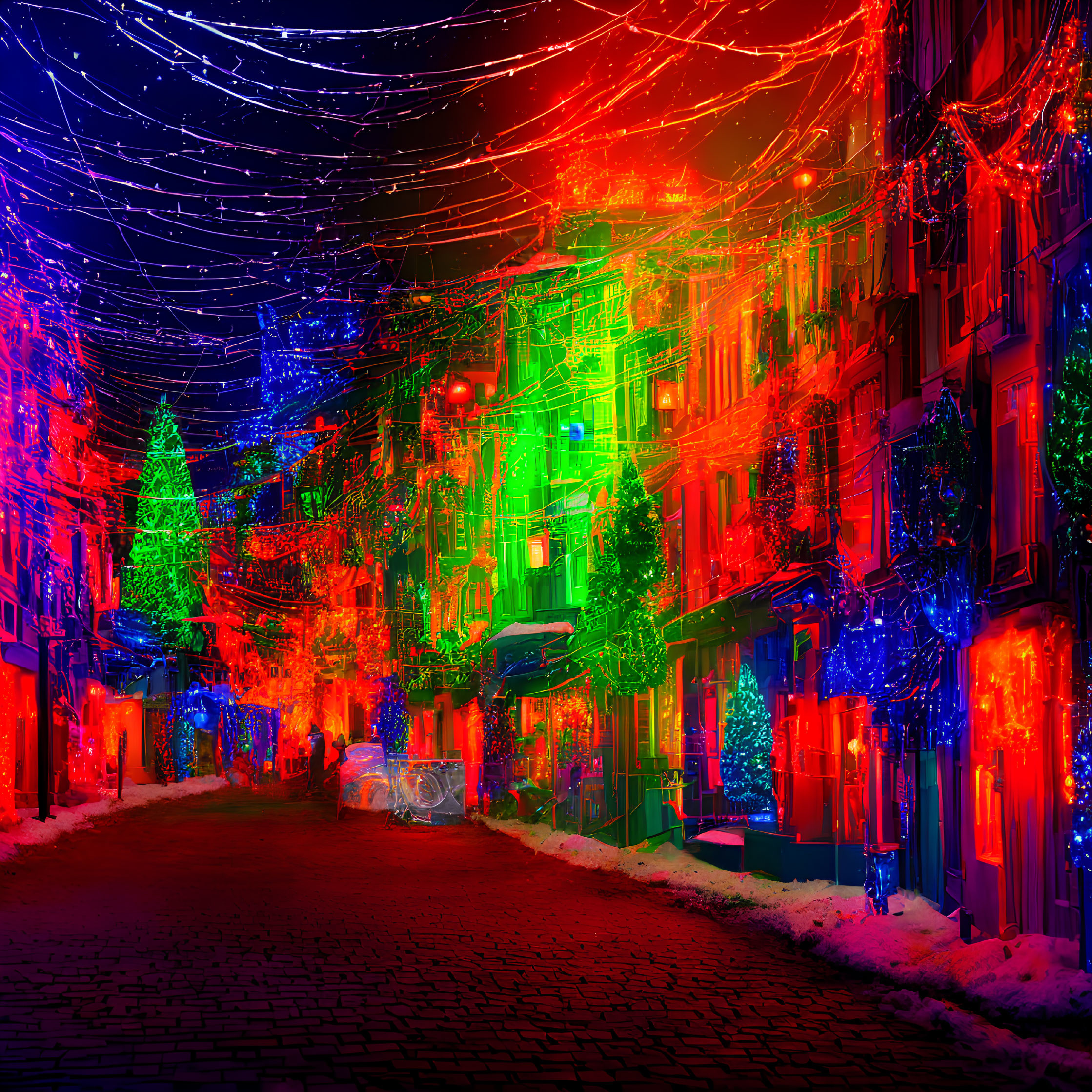 Colorful Christmas lights illuminate festive street scene at night