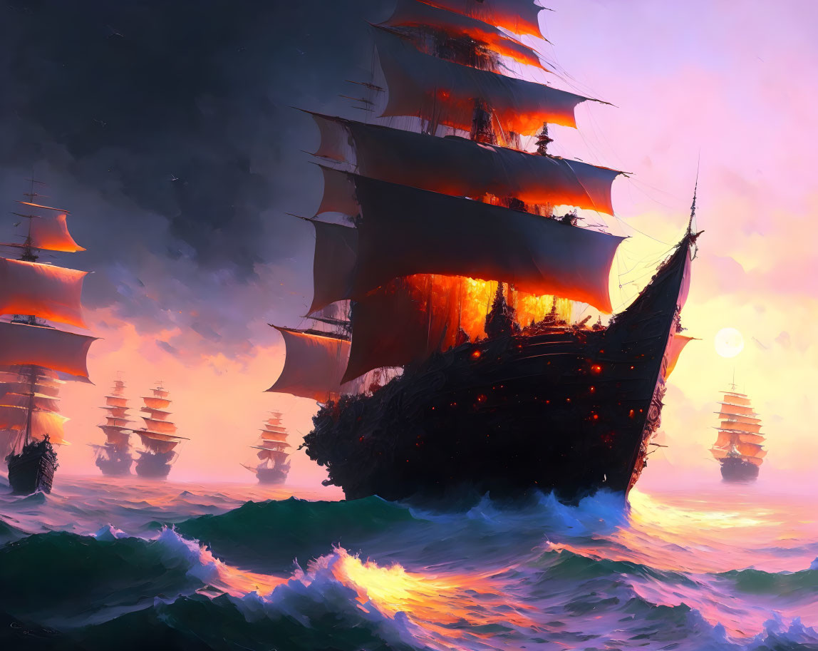 Majestic sailing ships on tumultuous sea at sunset