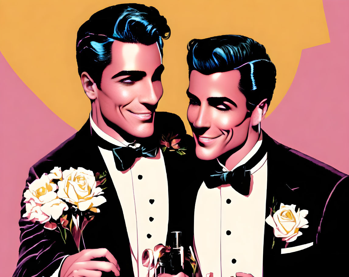 Two men in tuxedos with champagne glasses on pink background, one with blue hair highlights