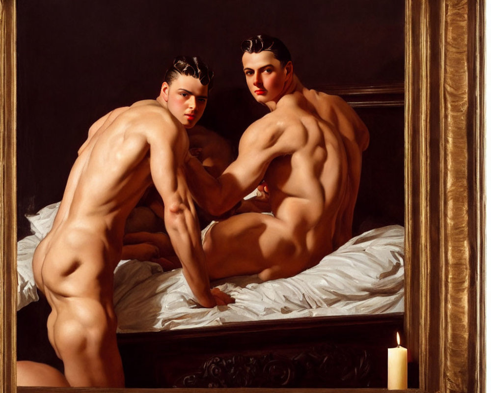 Muscular individuals pose nude on bed by candle in classical painting style