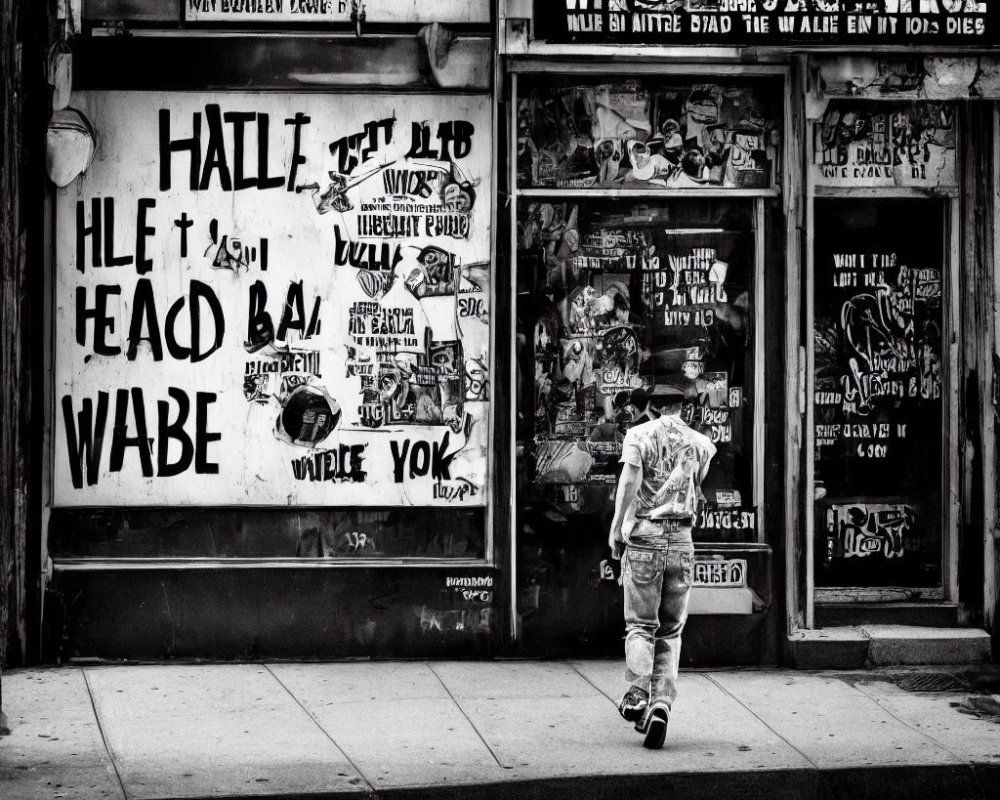 Graffiti-covered urban storefront with posters and inscriptions