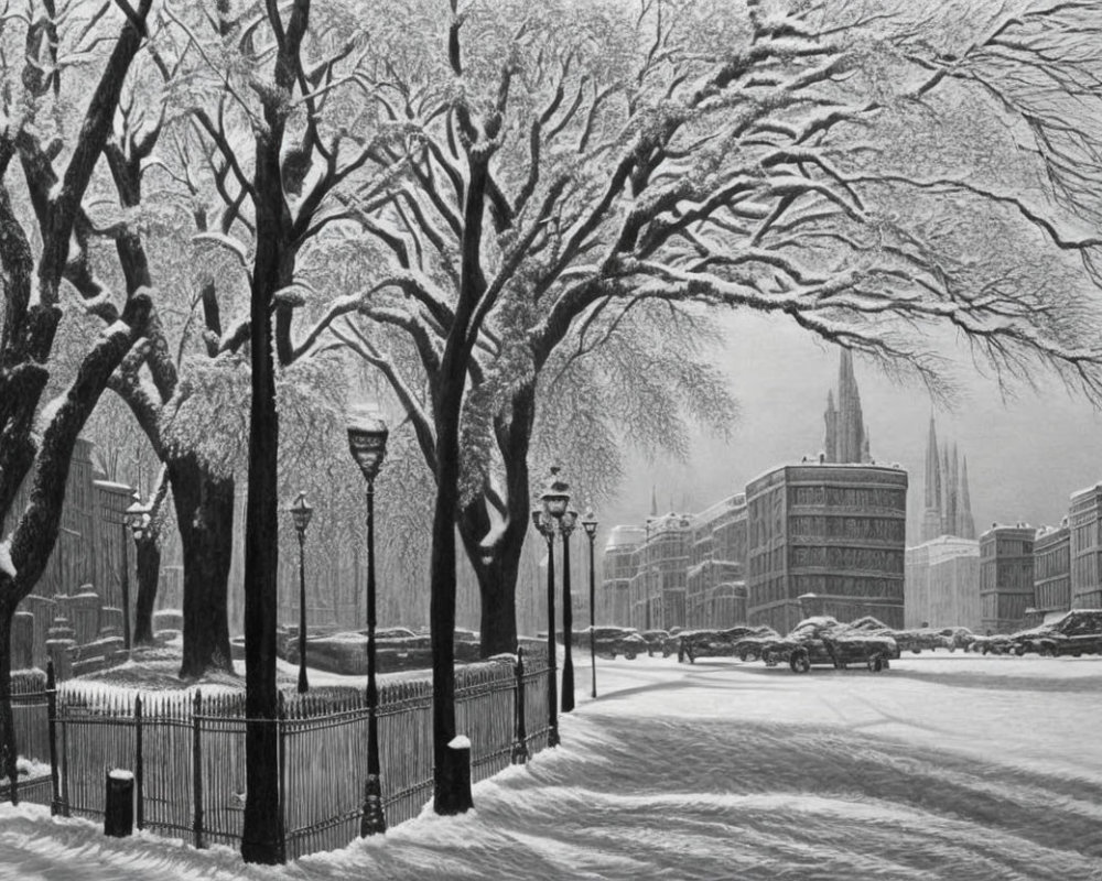 Snow-covered park with leafless trees, street lamps, and classic architecture in monochrome.