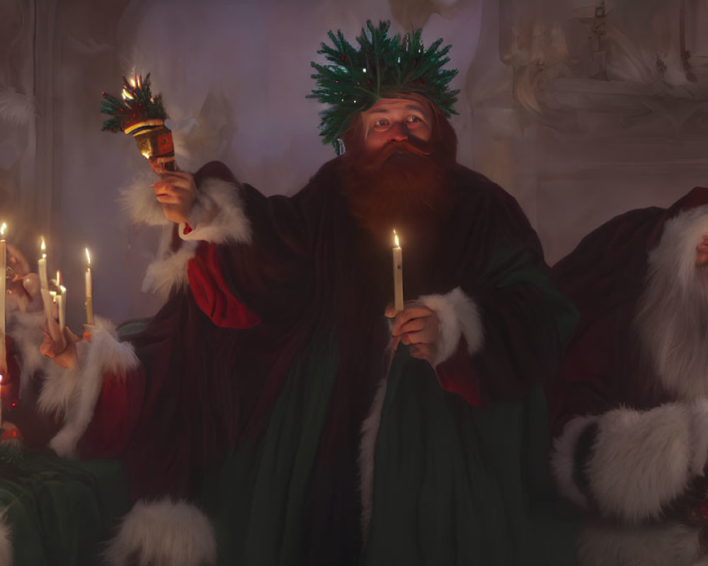Four robed figures holding candles in festive scene