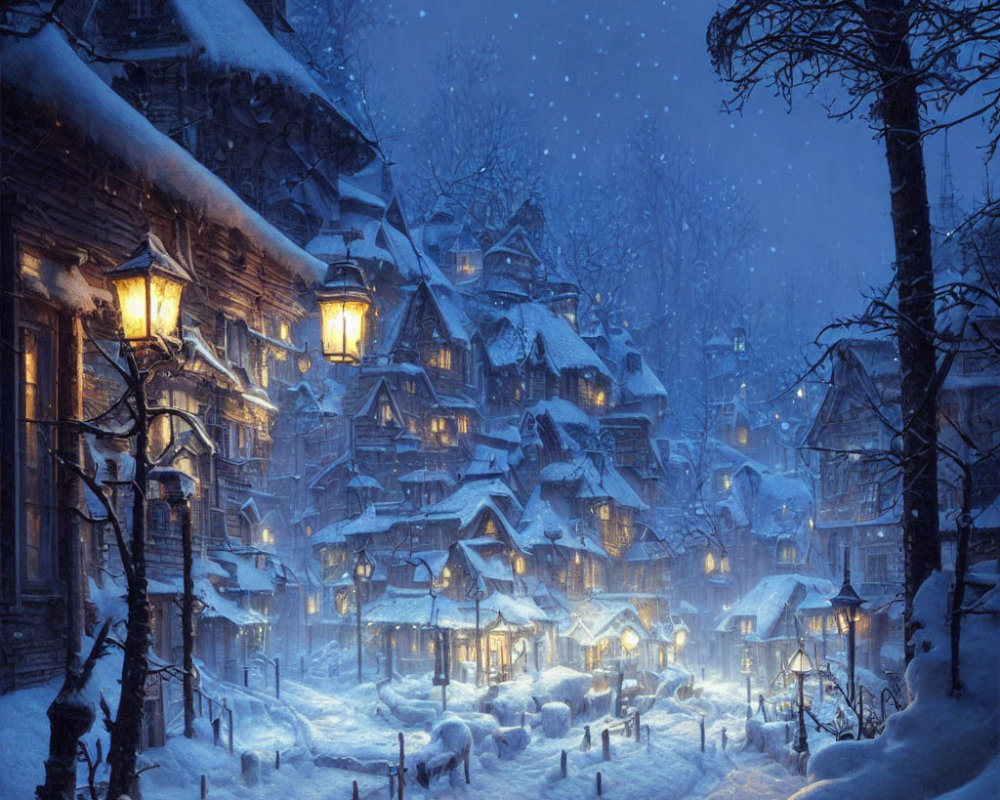 Snowy night village scene with warmly lit windows and street lamps