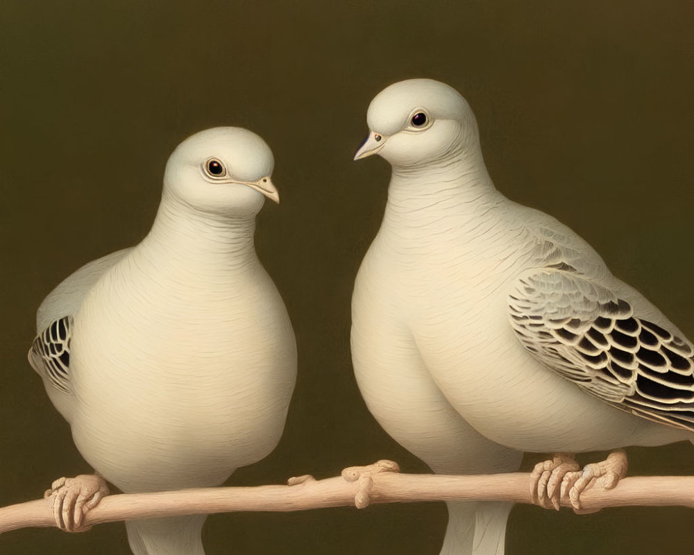 Two White Pigeons Perched on Branch with Grey Wing Patterns
