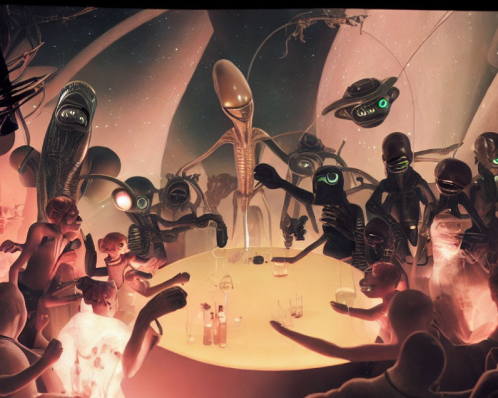 Surreal artwork of humanoid alien figures in dim amber room