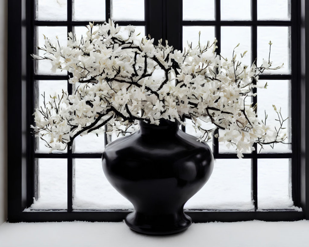 Black vase with white blossoms on snow-lined windowsill by square-paned window