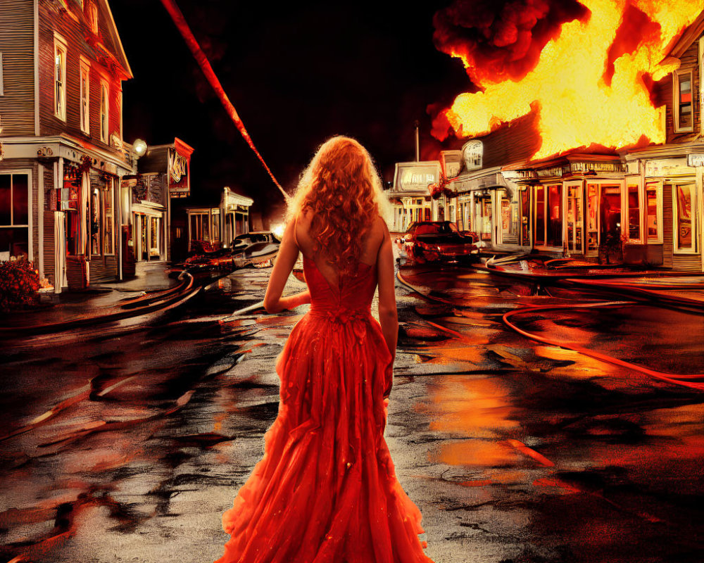 Woman in Red Dress Stands Before Fiery Street Blaze