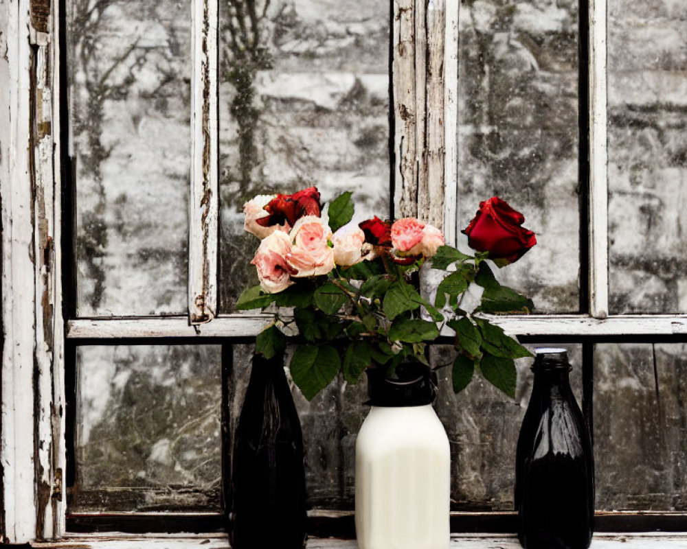 Rustic window with peeling white paint, wintry scene, pink and red roses in milk