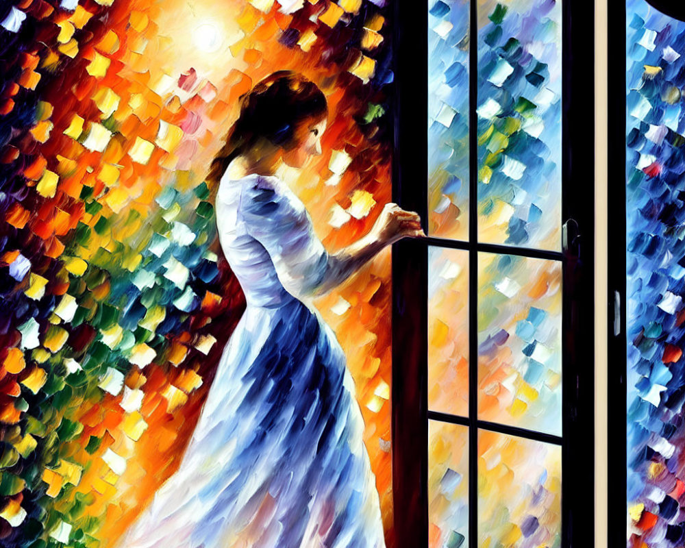 Woman in white dress by vibrant stained-glass style door amid warm, colorful scene.