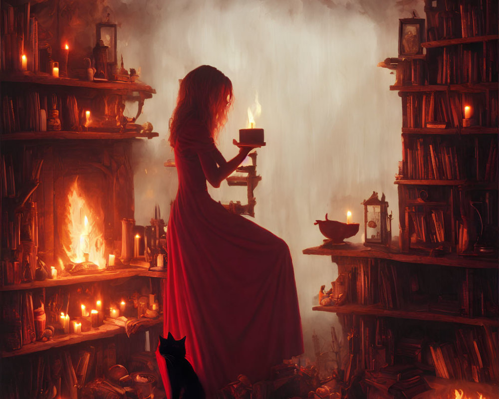 Woman in Red Dress Holding Candle in Dimly Lit Room with Black Cat