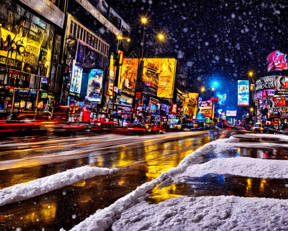 Nighttime city street with neon billboards, falling snow, and wet road reflections