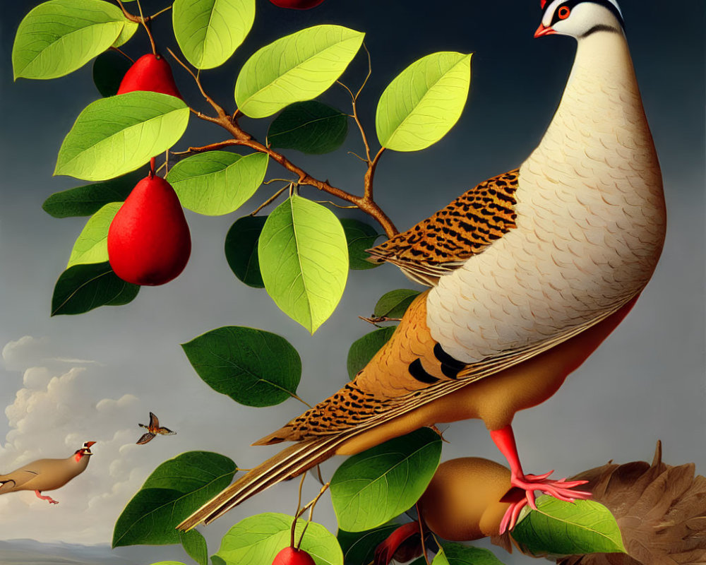 Stylized image of large bird with intricate feathers on branch with red pears & smaller birds in