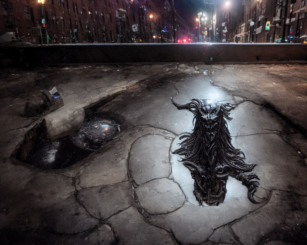 Urban Road Reflective Puddle Forms Eye Illusion Amidst City Lights