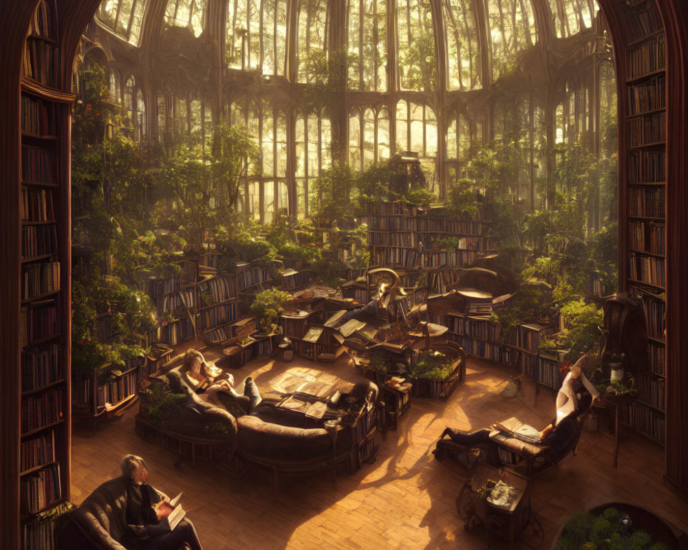 Circular sunlit library with towering bookshelves, arched windows, plants, and readers.