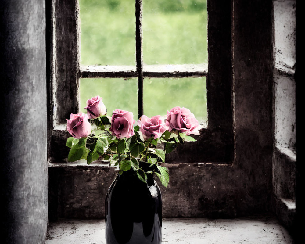 Pink roses in a vase on windowsill with iron bars and blurry green landscape