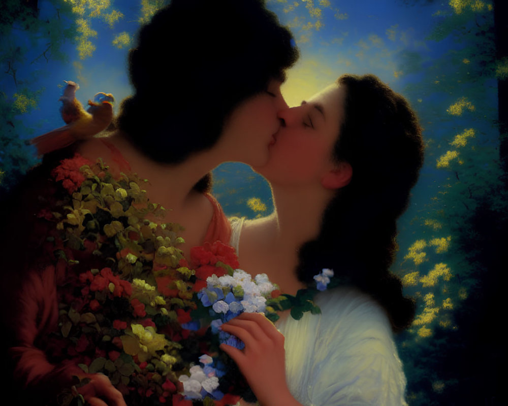 Romantic embrace and kiss among blossoms with bird in moody blue setting