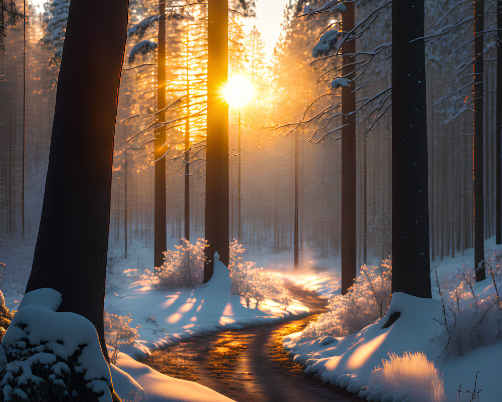 Snowy forest path with sunbeams in tranquil winter setting