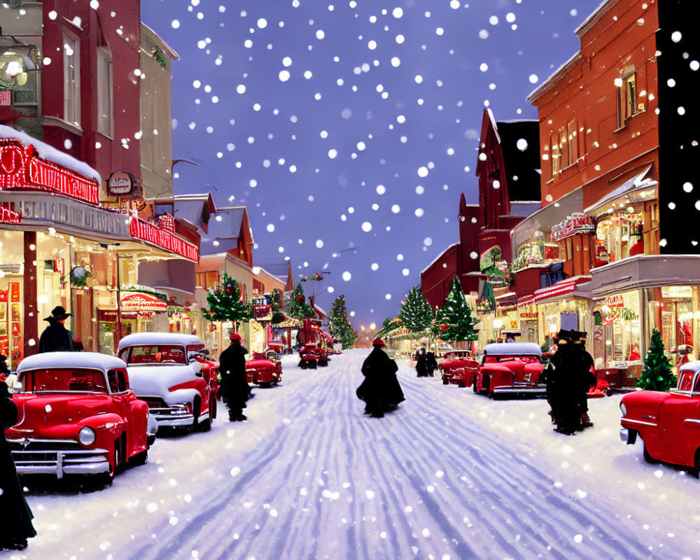 Snowy Twilight Street Scene with Vintage Red Cars and Pedestrians