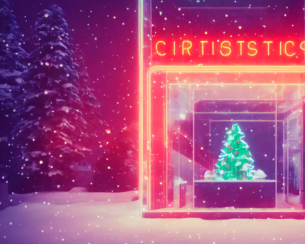 Neon-lit shop with Christmas tree in snowy night