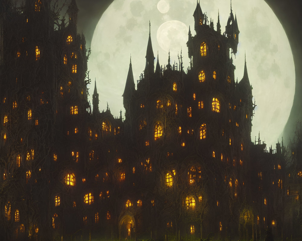 Gothic castle under full moon in misty forest